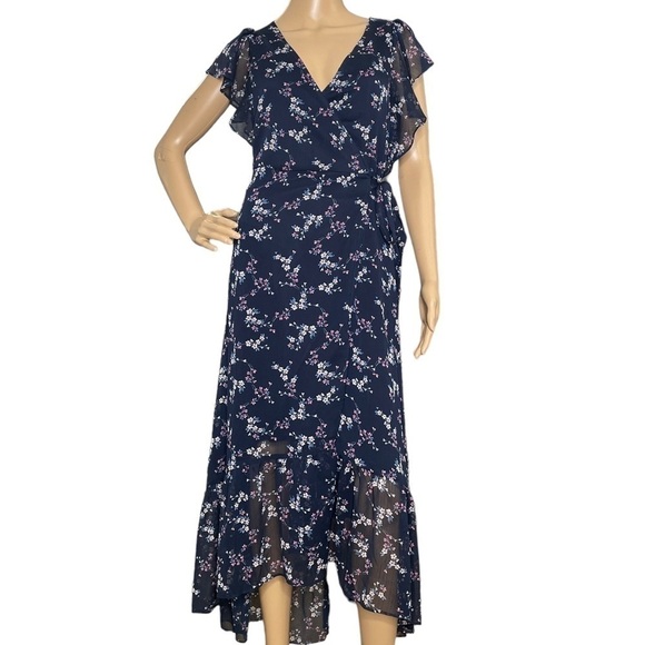 DREW navy floral wrap dress flutter sleeve Medium - Picture 1 of 9